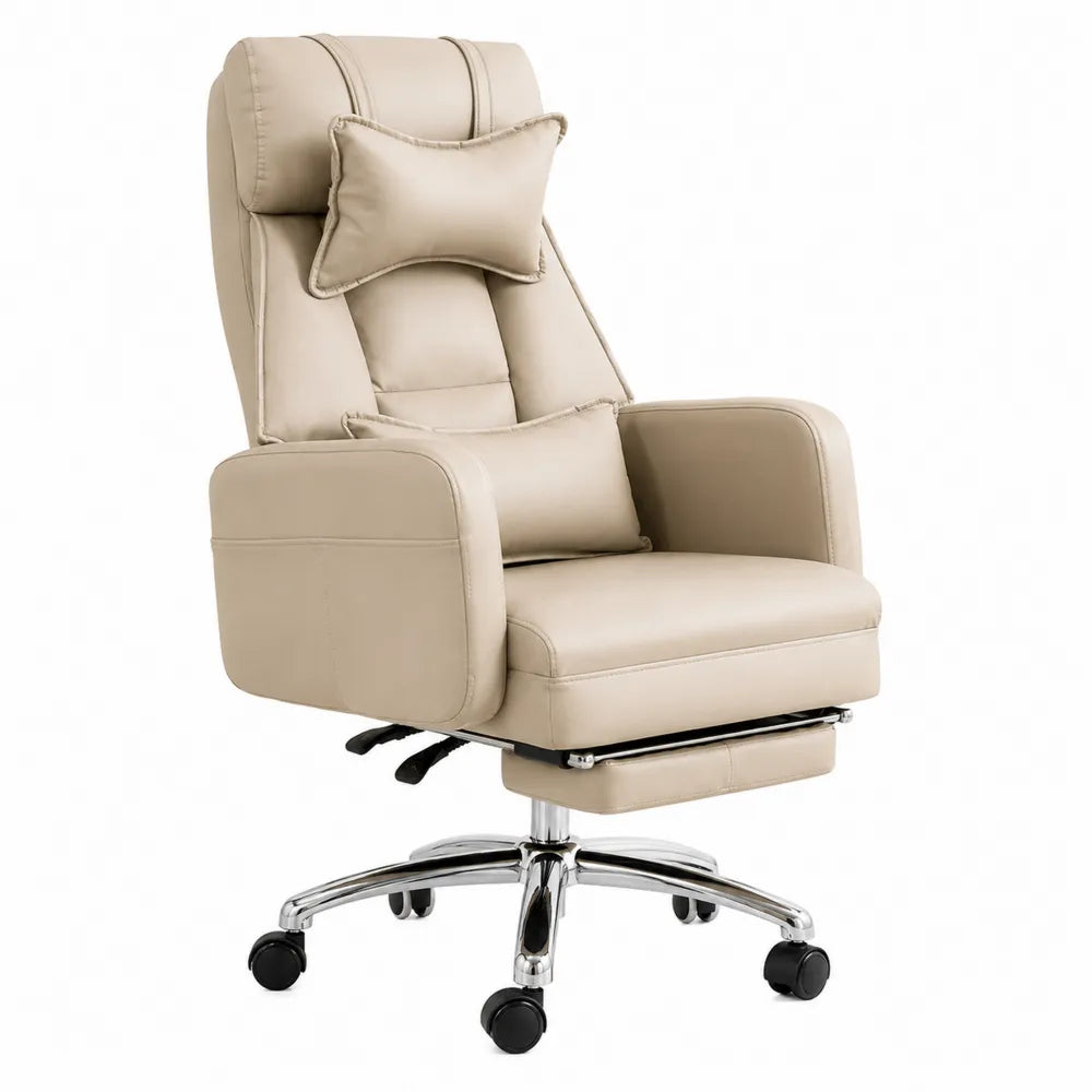 Chaise de bureau en cuir beige avec repose-pieds