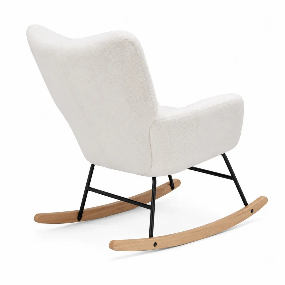 Fauteuil à bascule en bouclette blanc avec structure métal et bois