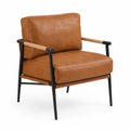 Fauteuil en cuir synthétique brun avec accoudoirs en bois et cadre en métal noir