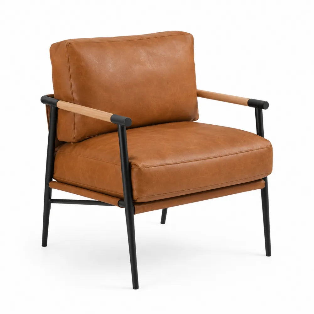 Fauteuil en cuir synthétique brun avec accoudoirs en bois et cadre en métal noir