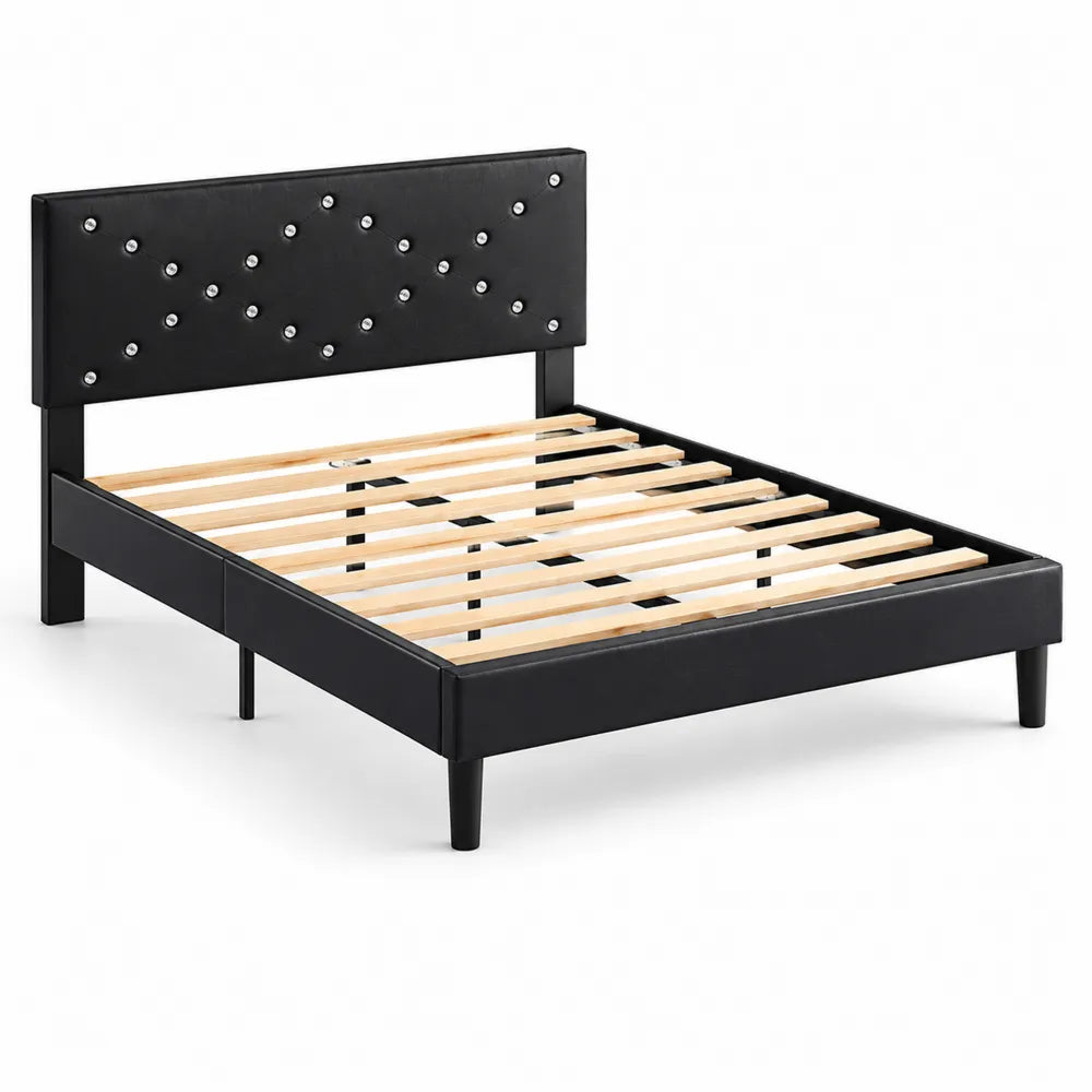 Lit double en métal et simili cuir noir avec tête de lit 140x200cm