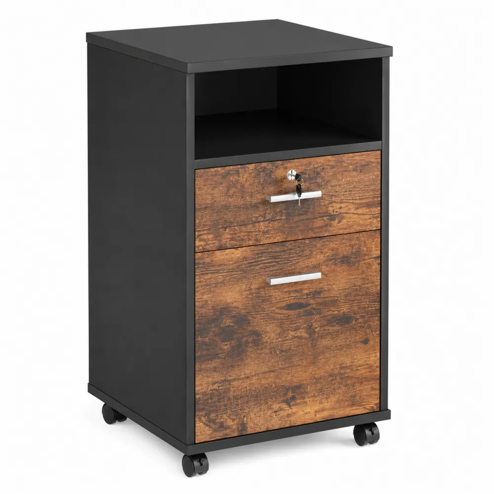 Classeur mobile en bois et métal avec tiroirs verrouillables 45x40x70 cm Noir/Chêne