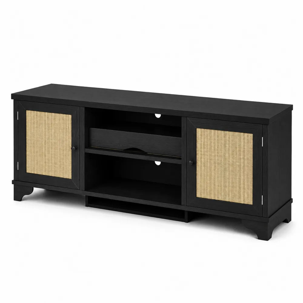 Meuble TV en Bois et Rotin Noir 120x40x50 cm