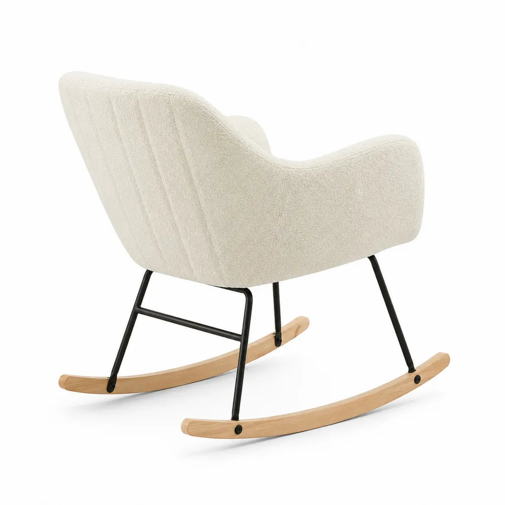 Fauteuil à bascule en tissu polyester beige avec base en bois et métal