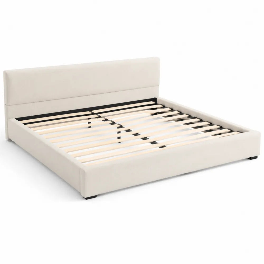 Lit double en bois et tissu polyester 160x200 cm Beige